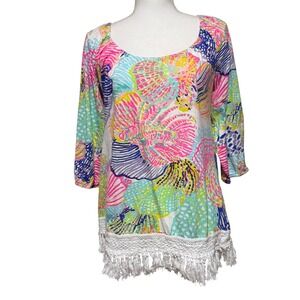 Lilly Pulitzer Alia Top Roar of The Seas Crochet Elastic Neckline Tunic sz M